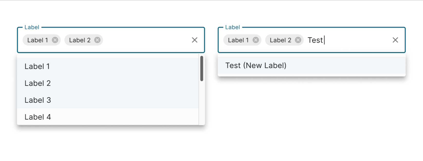 Two dropdown menus are shown. The first menu displays four labels: Label 1, Label 2, Label 3, and Label 4. The second menu has "Test (New Label)" typed in the input box with "Label 2" and "Test" as selected tags. Both menus have a horizontal scrollbar.