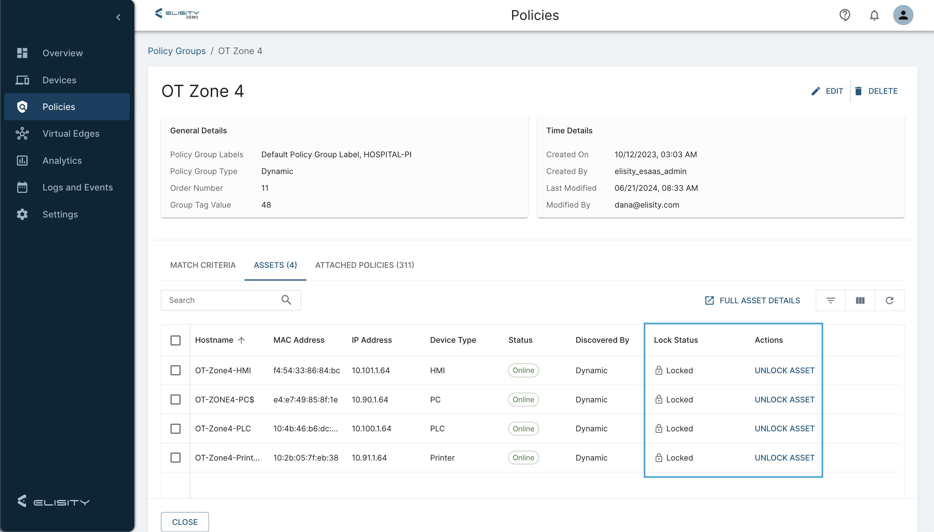 A screen capture of a user interface displaying a "Policies" section. It focuses on the "OT Zone 4" tab, showing various device details such as Hostname, MAC Address, IP Address, Device Type, and Discovered By. The status of the devices is indicated as "Locked.