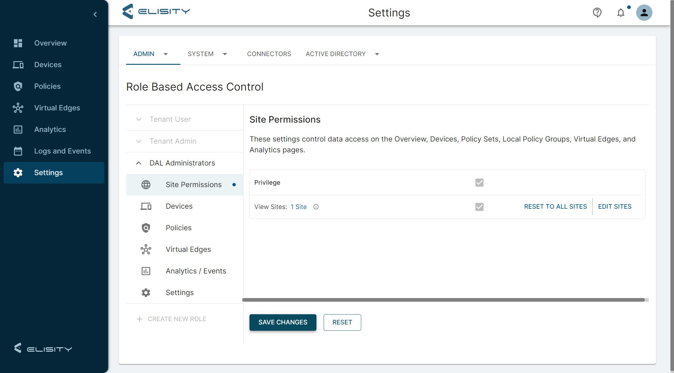 A webpage showing the settings for Role-Based Access Control in a system management interface. The "Site Permissions" section is highlighted, displaying the options to view sites. Buttons for saving changes and resetting are at the bottom.