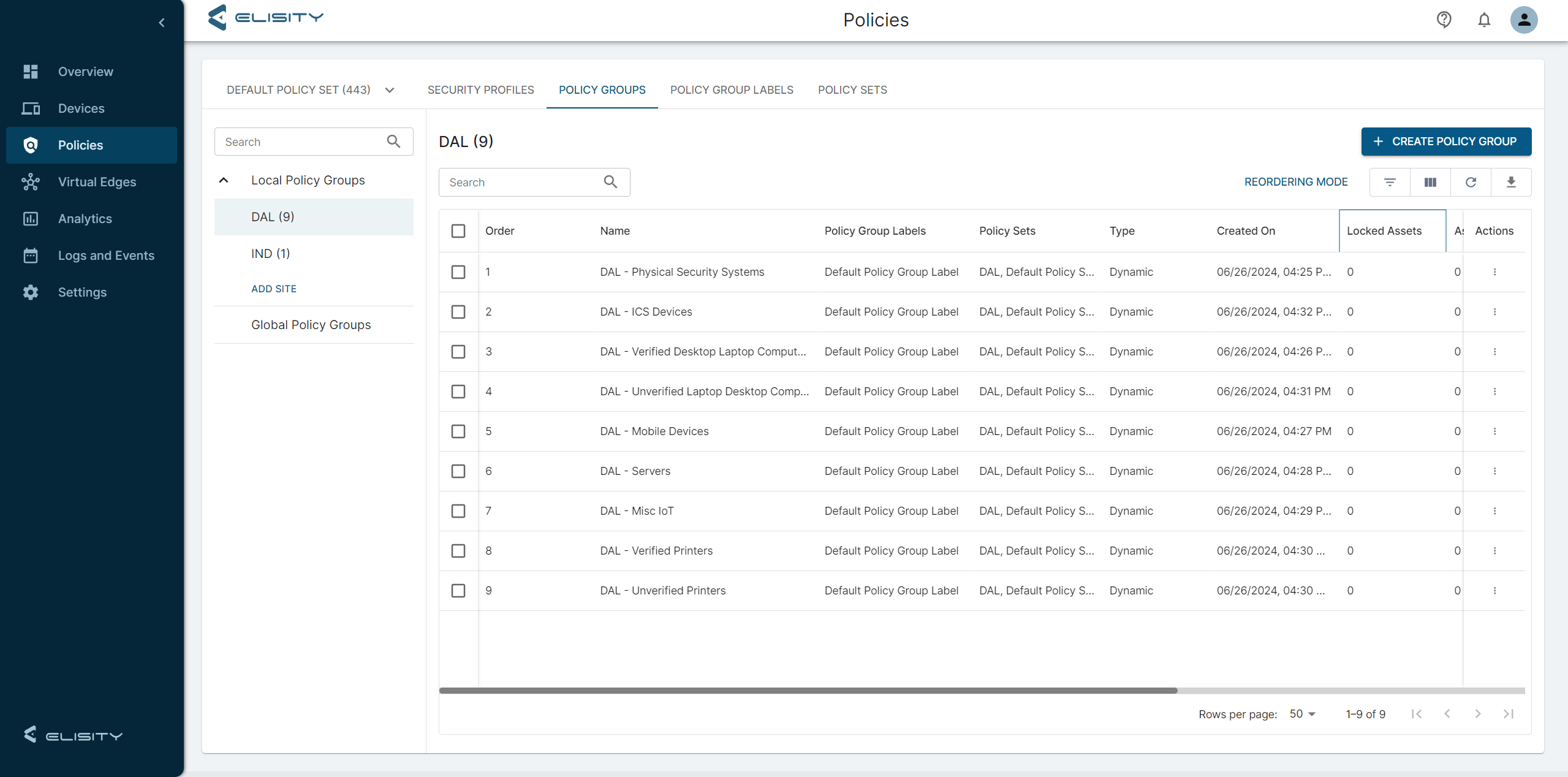 A computer screen displaying a policy management interface. The "Policies" section is open, showing a list of policy groups such as "DAL - Physical Security Systems," "DAL - User End Device Logins," and more. Various columns and management options are visible.